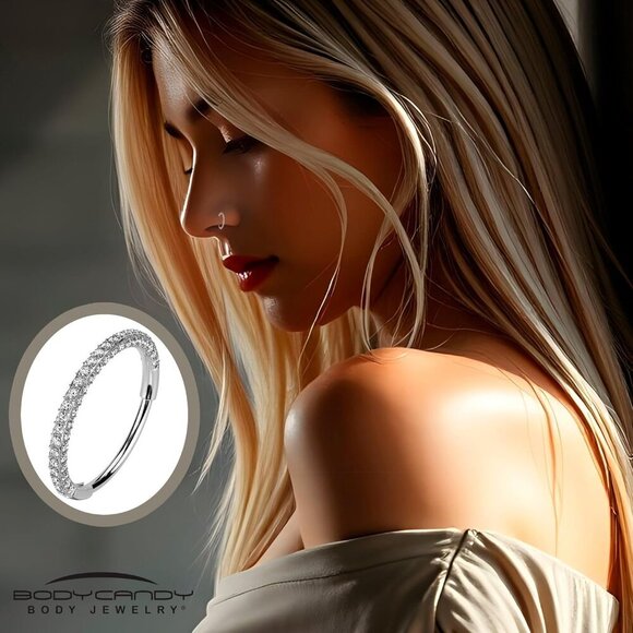 Triple Sided Micro Gem Nose Hoop Ring - Implant Grade Titanium With Sparkling CZ - Picture 4 of 8